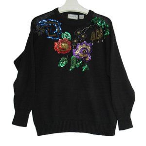 Vintage Margules Plus Women's Sweater Black Sequin Floral Embellished Size M